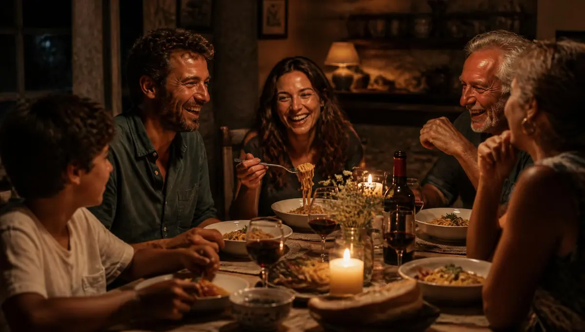 Table familiale italienne réunie autour d'un plat de pâtes, à la lueur des bougies